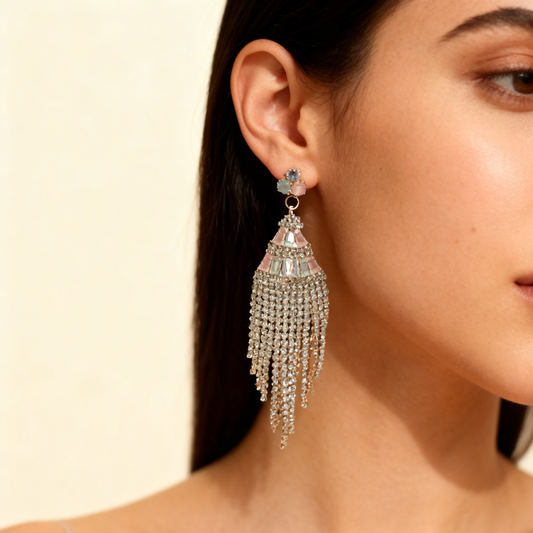 Rose Gold Crystal Fringe Earrings – Pastel Stone Statement Earrings India