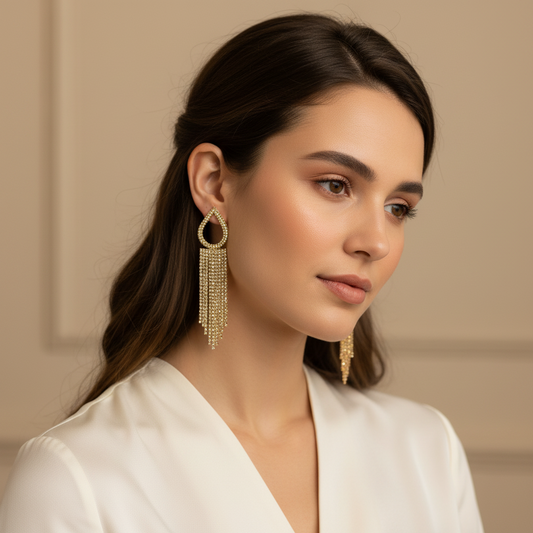 Gold Crystal Teardrop Long Tassel Statement Earrings – Long Glamorous Danglers India