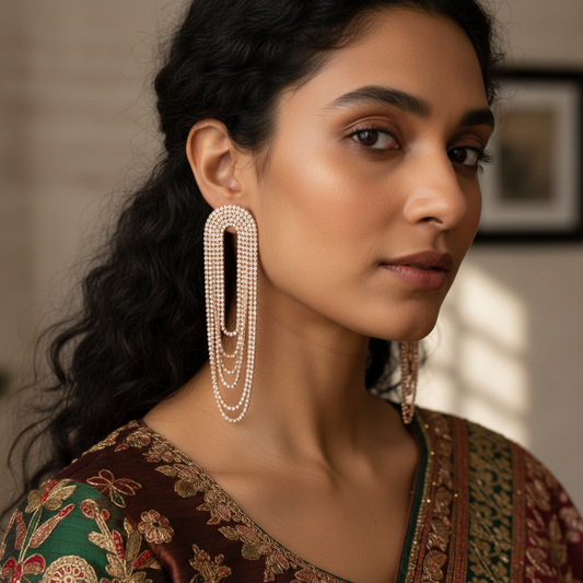 Silver Rhinestone Chain Drop Earrings – Luxury Party Earrings India