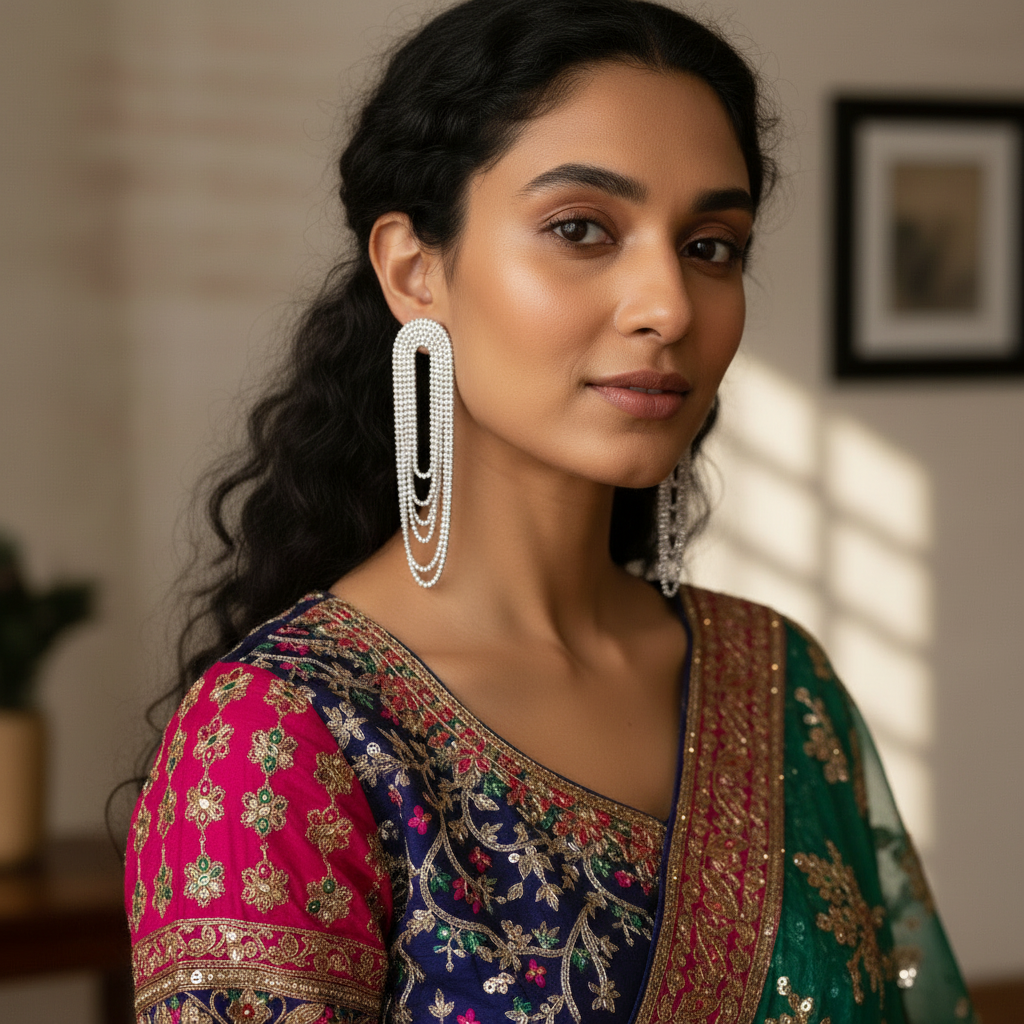Silver Rhinestone Chain Drop Earrings – Luxury Party Earrings India
