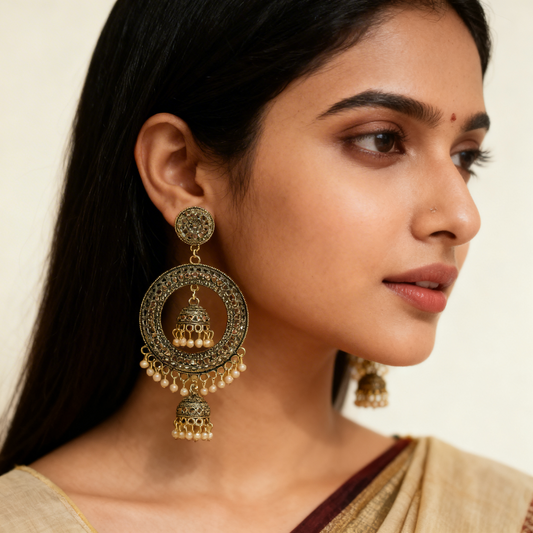 Antique Gold Chandbali Earrings – Pearl Stone Studded Ethnic Earrings India
