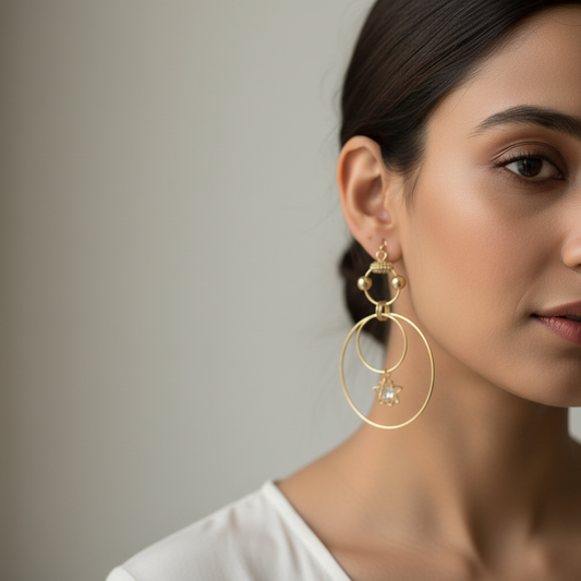 Elegant Gold-Tone Multi-Hoop Drop Earrings with Crystal Charm- Stainless Steel