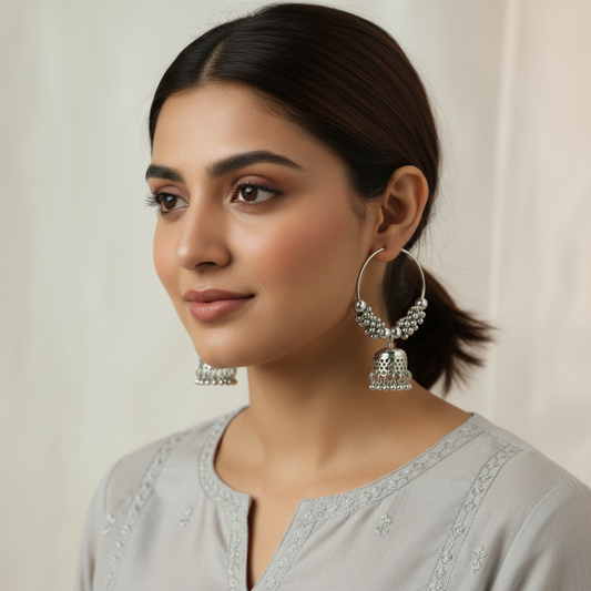 Oxidized Silver Hoop Jhumka Earrings – Boho Ethnic Hoops for Women