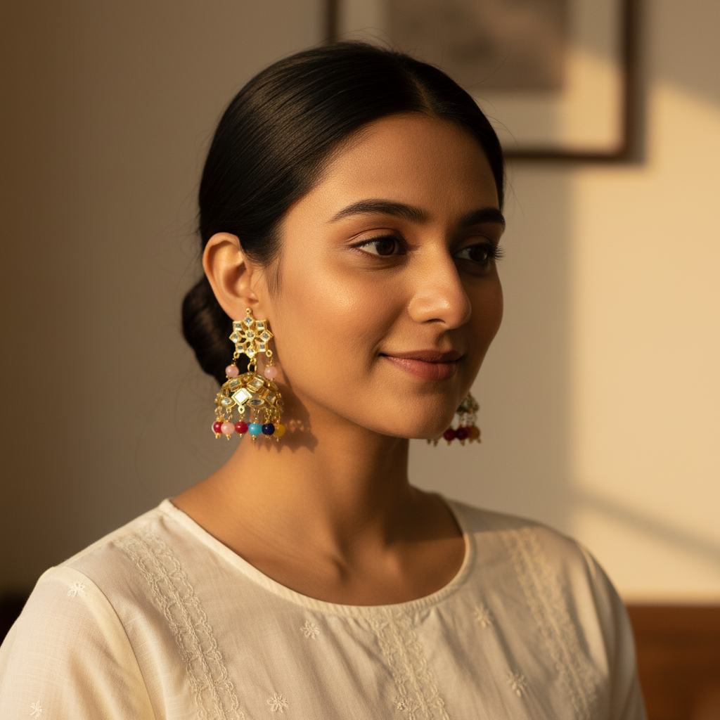 Designer Kundan Jhumka Earrings with Multicolor Bead Drops – Ethnic Earrings India