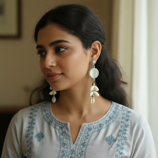 Boho Shell Drop Earrings – Silver Mirror Accent Dangle Earrings India