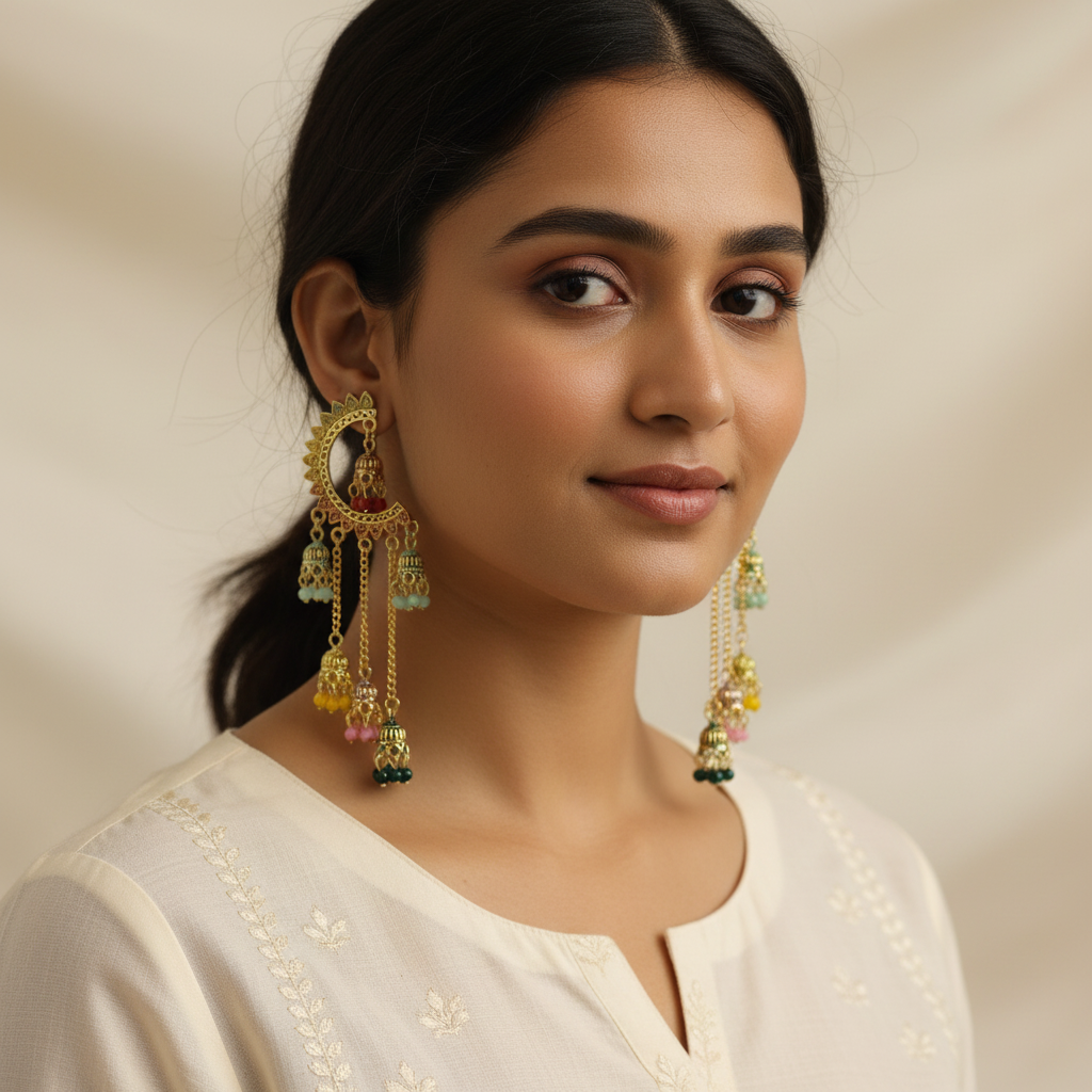 Gold Crescent Chandbali Earrings – Multicolor Jhumka Tassel Earrings India