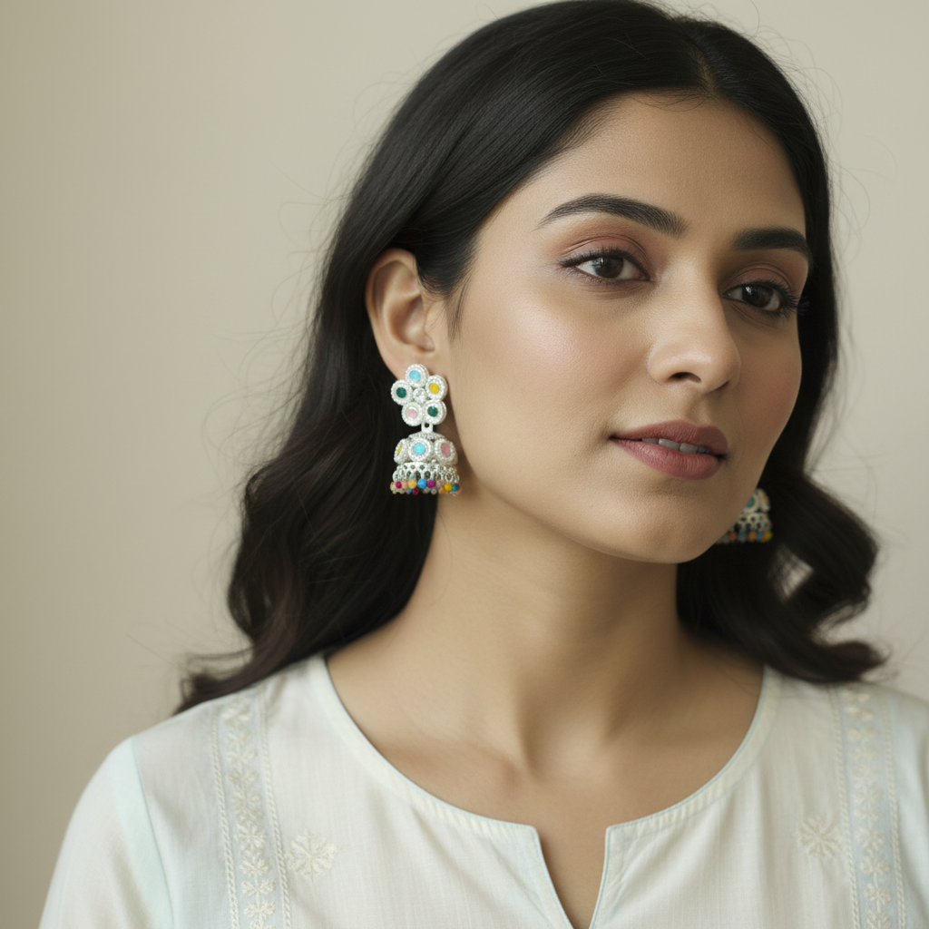 Pearl & Multicolor Stone Jhumka Earrings – Ethnic Earrings for Women