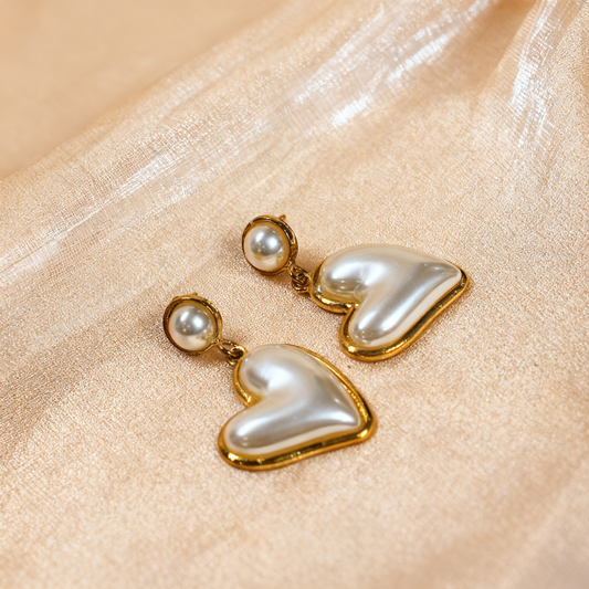 Elegant Heart Pearl Drop Earrings – Gold-Tone Statement Jewelry