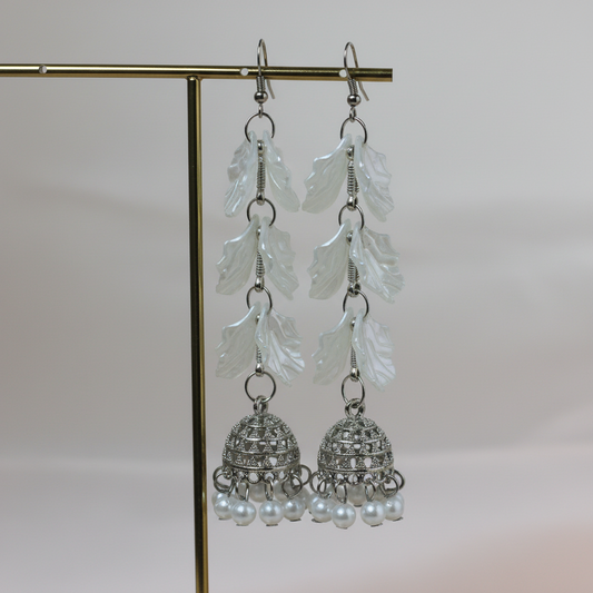 Elegant Pearl & Leaf Dangle Earrings – White Statement Fashion Jewelry- Stainless Steel