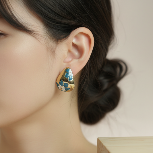 Teal Floral Gold-Tone Stud Earrings – Premium Designer Statement Studs Women