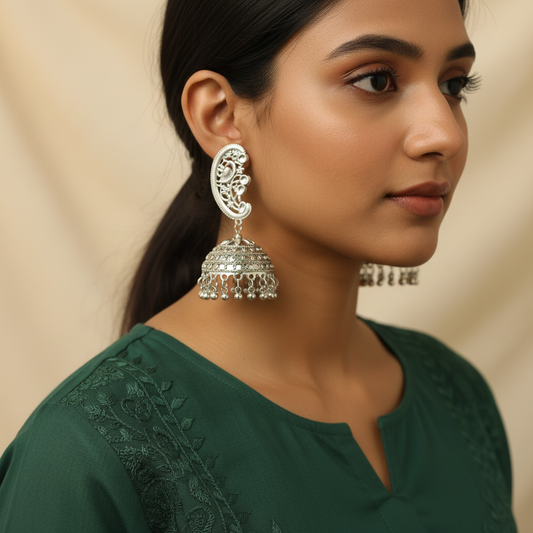 Oxidised Silver Traditional Jhumka Earrings – Boho Tribal Bell Earrings