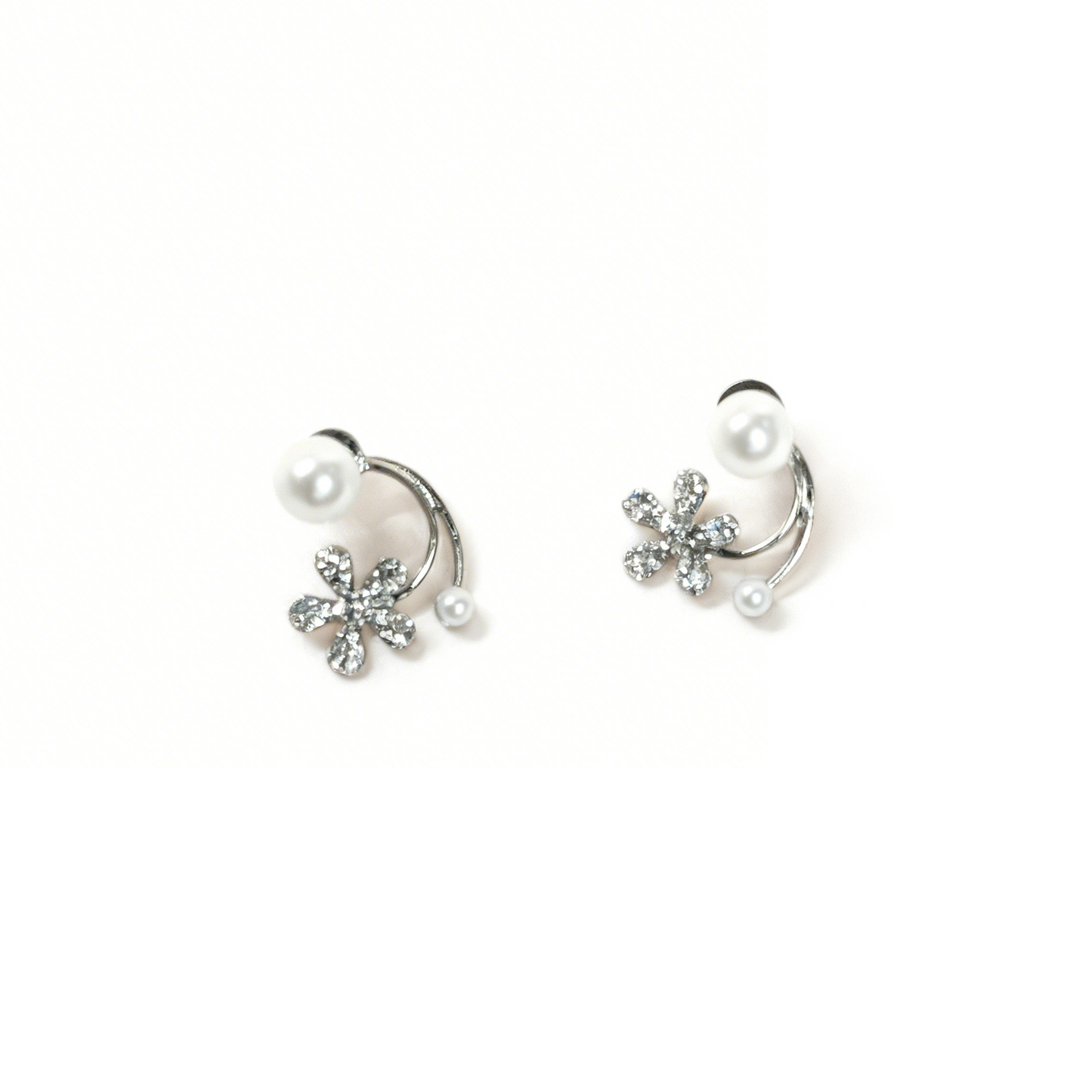 Dainty Pave Floral Pearl Earrings - 2-in-1 Silver Ear Jacket Style