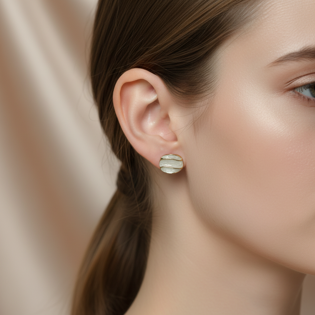 Oval Gold Stud Earrings with Marble Resin – Elegant Studs for Women India