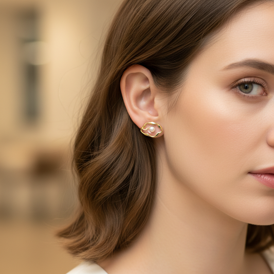 Abstract Molten Gold & Floating Pearl Stud Earrings