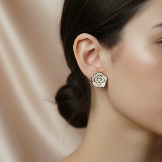 White Camellia Blossom Studs – Layered Gold & Enamel Flower Earrings
