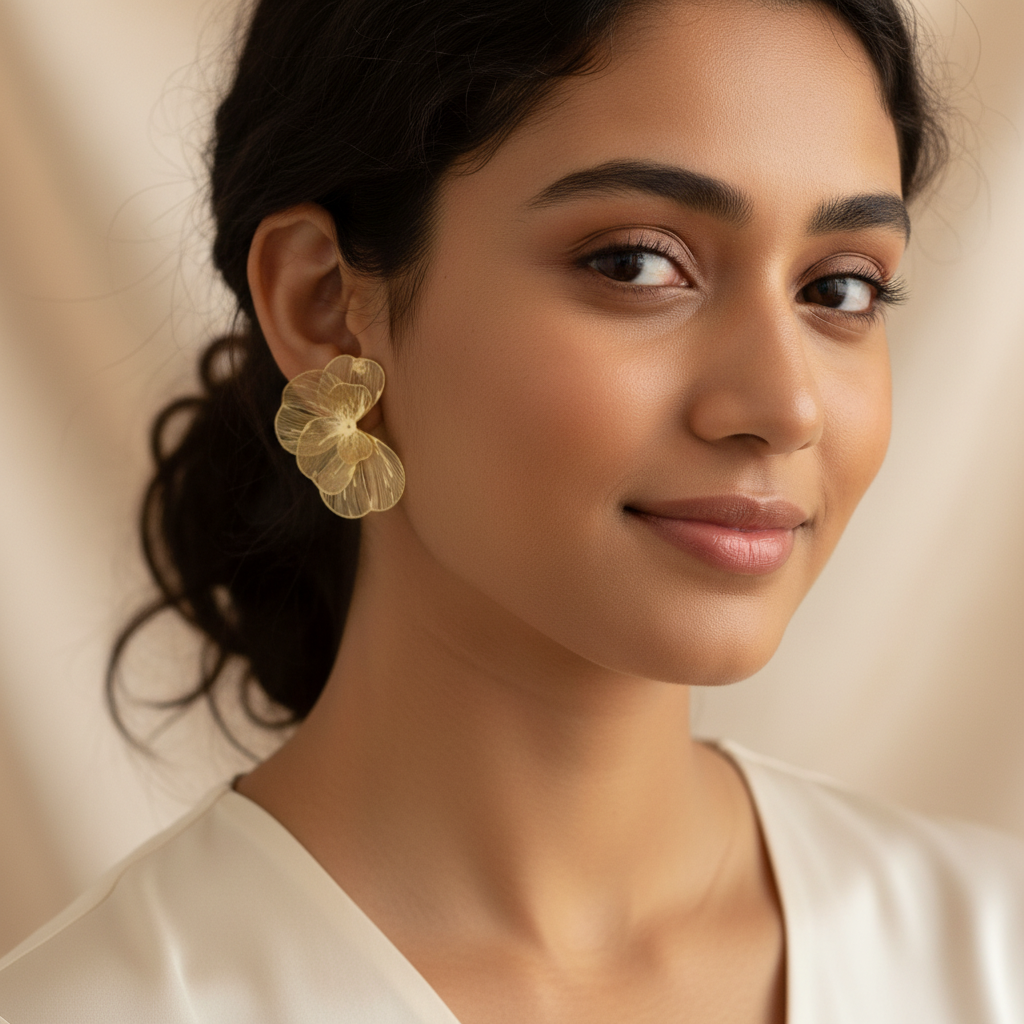 Gold Mesh Flower Studs Earrings – Lightweight Botanical Earrings
