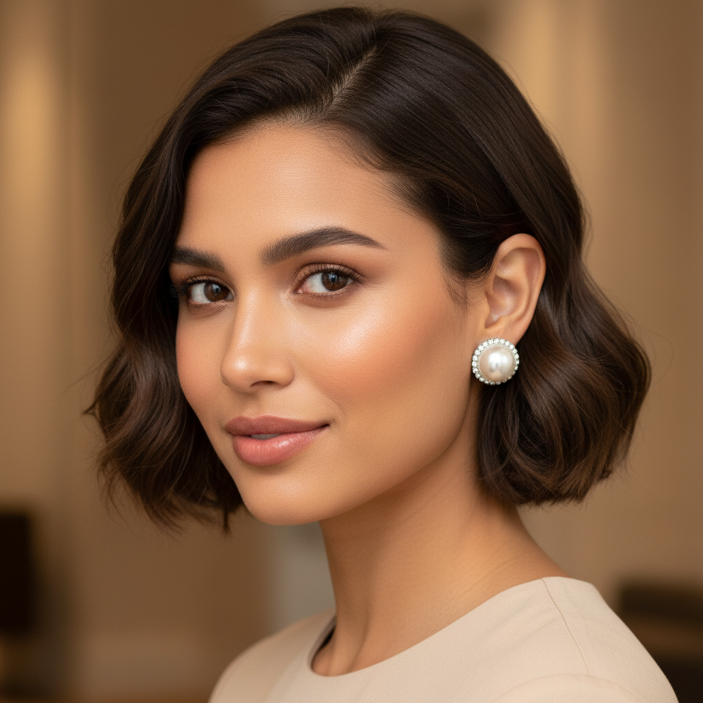 Classic Pearl Stud Earrings with Crystal Halo – Silver Finish