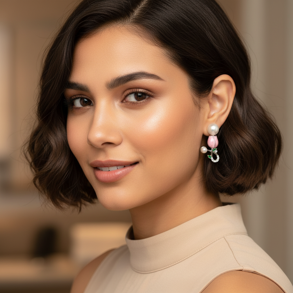 Elegant Pearl & Pink Floral Stud Earrings | BME