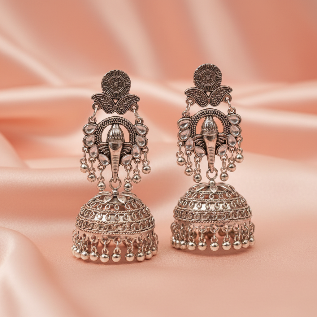 Oxidised Silver Traditional Jhumka Earrings – Boho Statement Tribal Bell Earrings