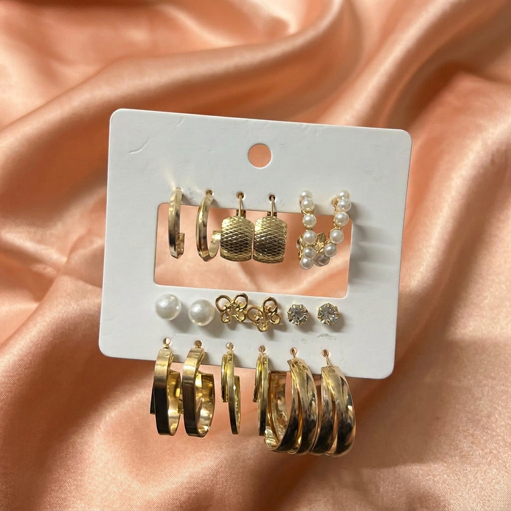 Gold Hoop & Pearl Earrings Combo Set (9 Pairs) – Textured, Stud & Statement Fashion Jewelry