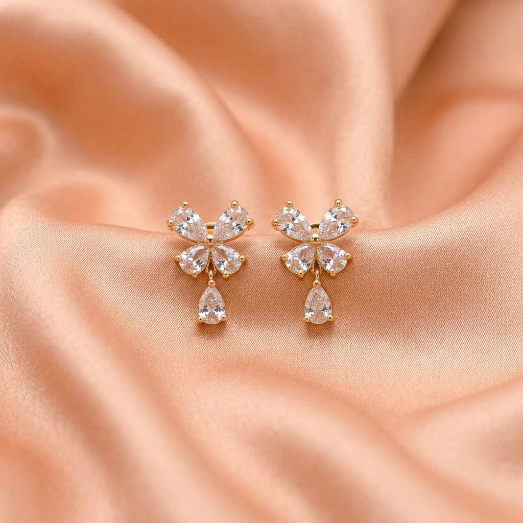 Elegant CZ Floral Drop Earrings with Teardrop Dangle-American Diamond