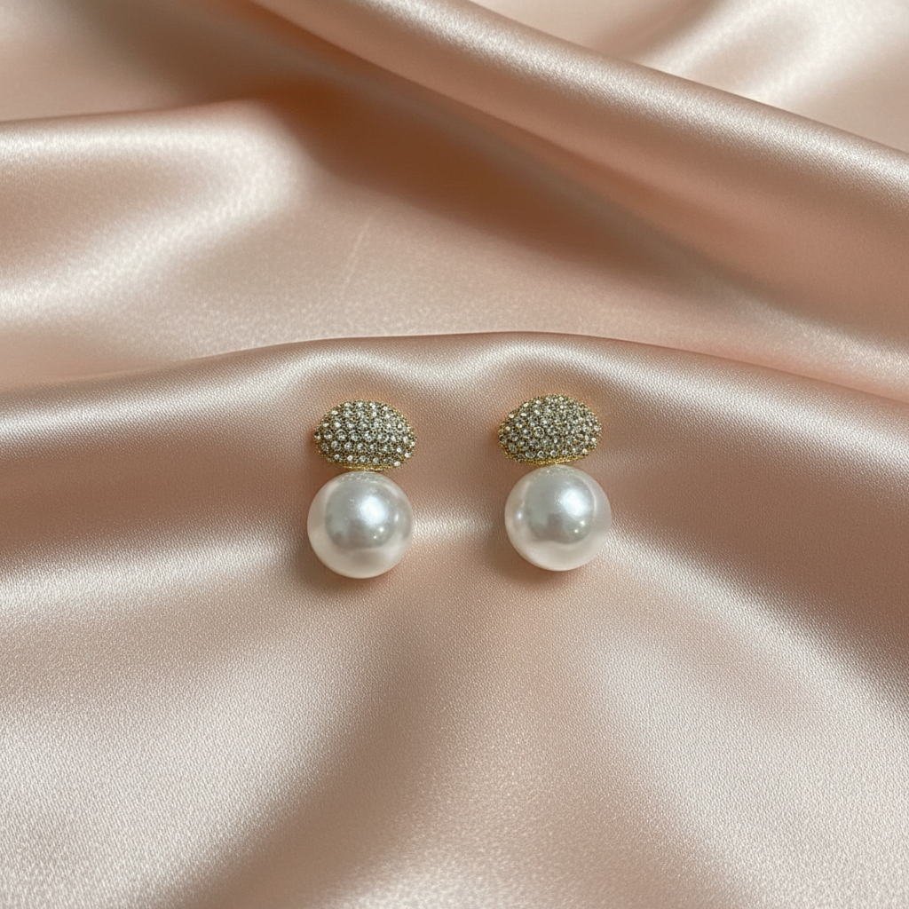 Crystal Stud Pearl Drop Earrings – Elegant Gold-Tone Statement