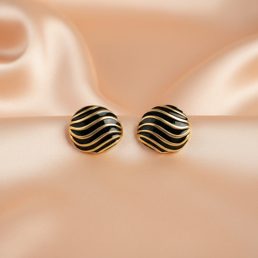 Bold Black & Gold Wave Stud Earrings – Statement Design