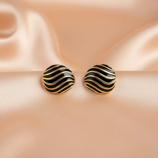 Bold Black & Gold Wave Stud Earrings – Statement Design