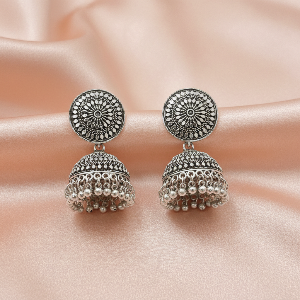 Oxidised Silver Floral Disc Jhumka Earrings with Traditional Detailing-Stainless steel