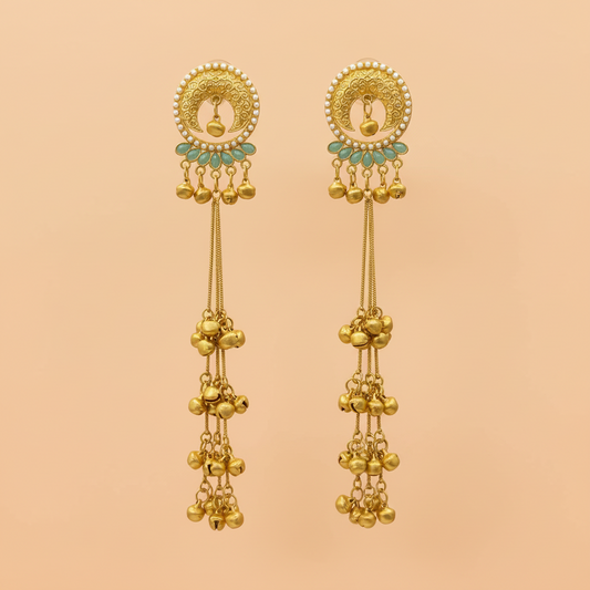 Gold-Tone Pearl & Mint Drop Kashmiri Earrings with Ghungroo Tassels-Stainless steel