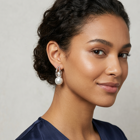 Silver Textured Hoop with Dual Pearl Drop Earrings – Statement Pearl Design