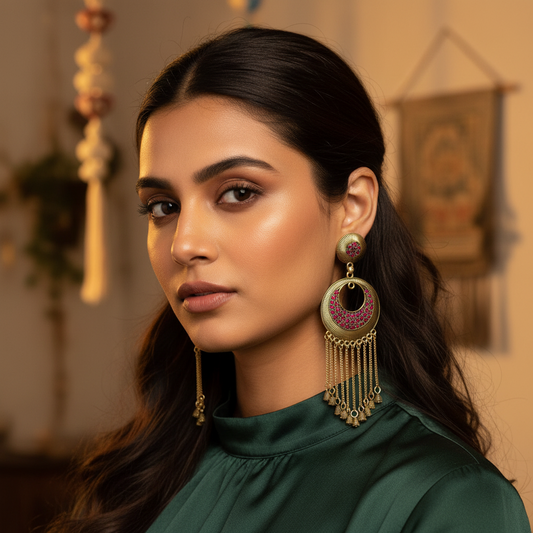 Gold-Tone Statement Chandbali Earrings with Pink Stones & Chain Tassels-Stainless steel