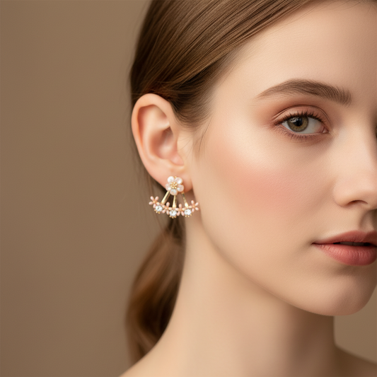 Delicate Floral Vine Stud Earrings – Gold-Tone Pink Crystal Ear Climbers- Stainless steel