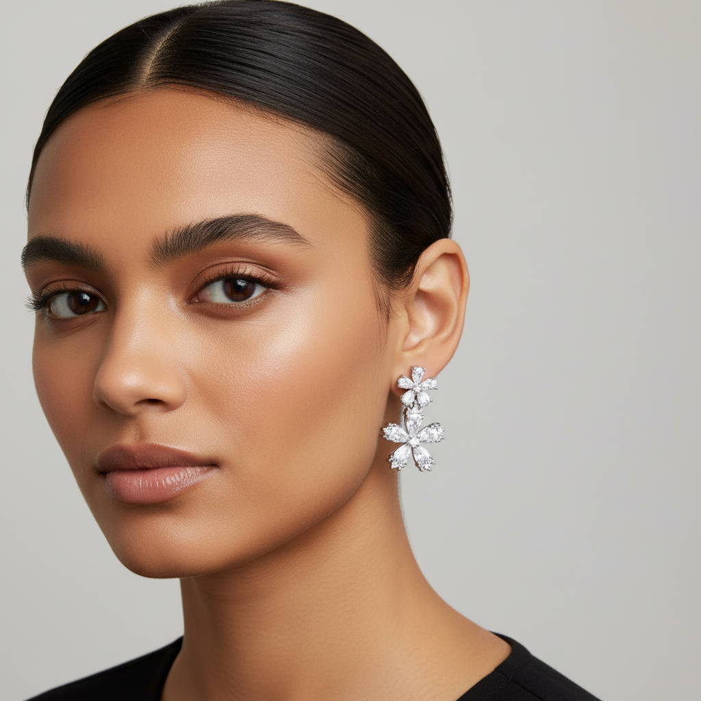 Silver Crystal Floral Drop Earrings-Stainless steel
