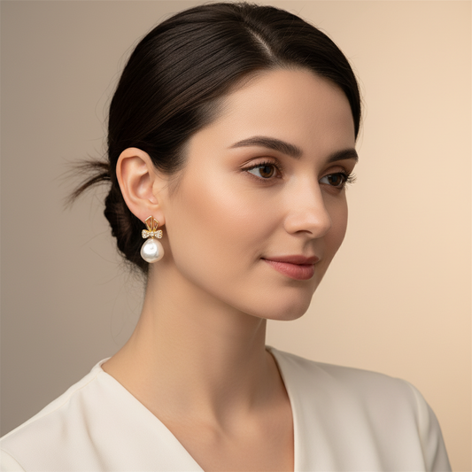 Gold Bow Pearl Drop Earrings – Elegant Hooks-Stainless steel