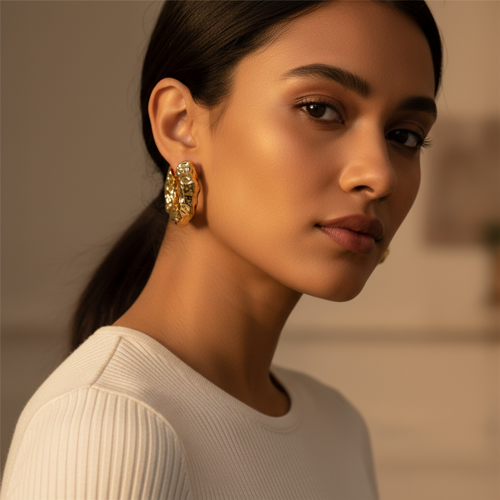 Hammered Gold Chunky Hoop Earrings – Bold Statement Jewelry- Stainless steel