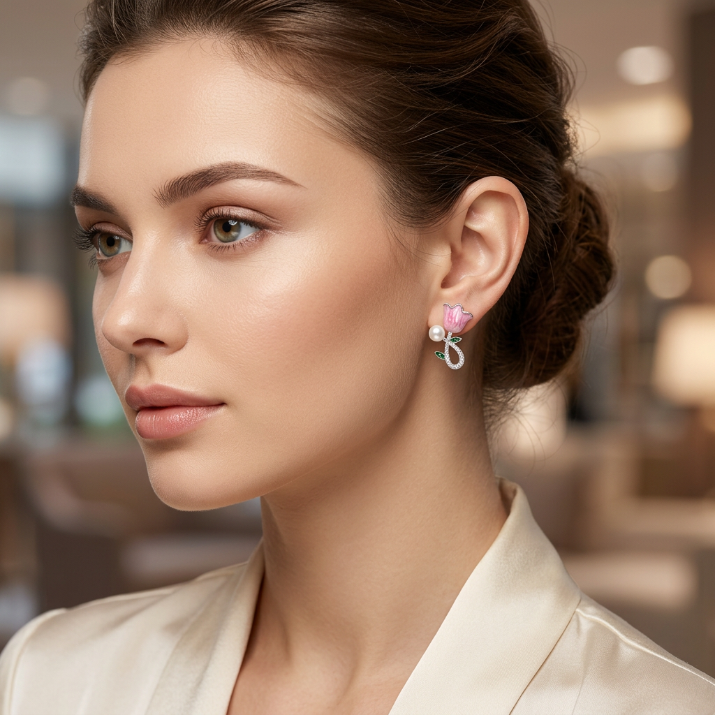 Pink Floral Pearl Stud Earrings – Cute Elegant Designer Style