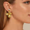 Gold Flower Drop Earrings with Crystal Stud – Statement Floral Earrings