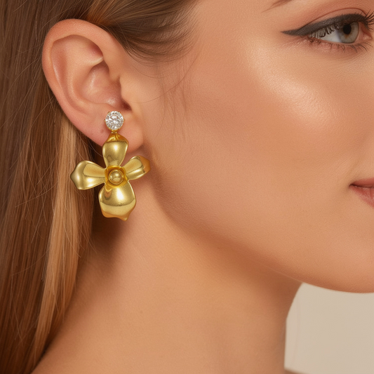 Gold Flower Drop Earrings with Crystal Stud – Statement Floral Earrings