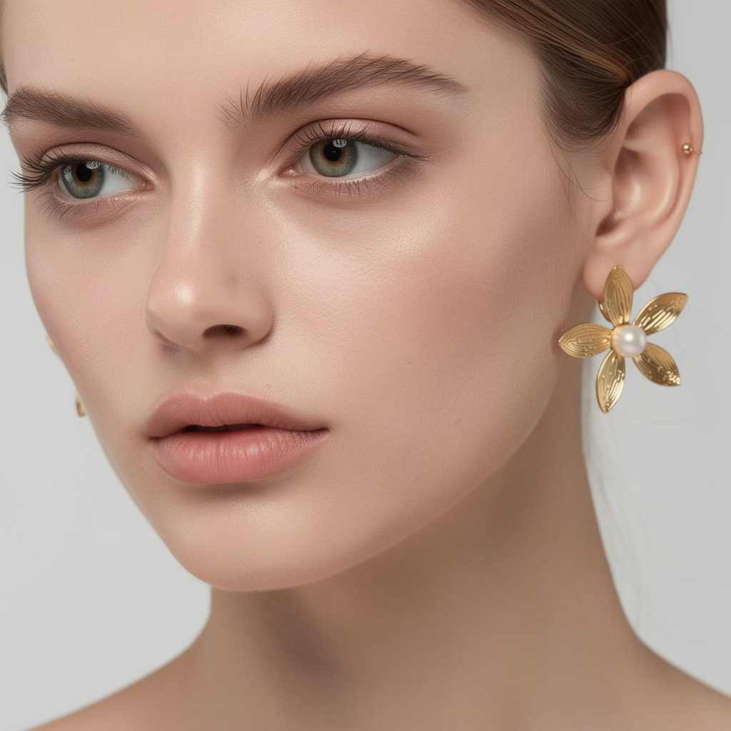 Gold Floral Pearl Statement Earrings – Elegant Flower Studs- Stainless Steel