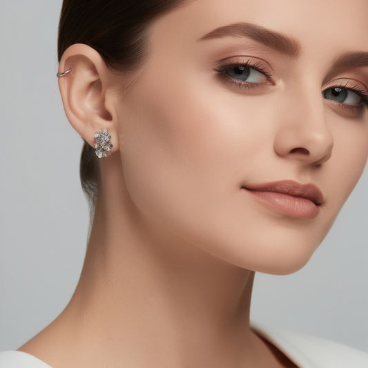 Silver Floral Cluster Stud Earrings – Mirror Finish Statement Earrings