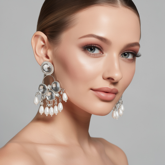 Silver Crystal & Pearl Drop Statement Earrings- Stainless Steel