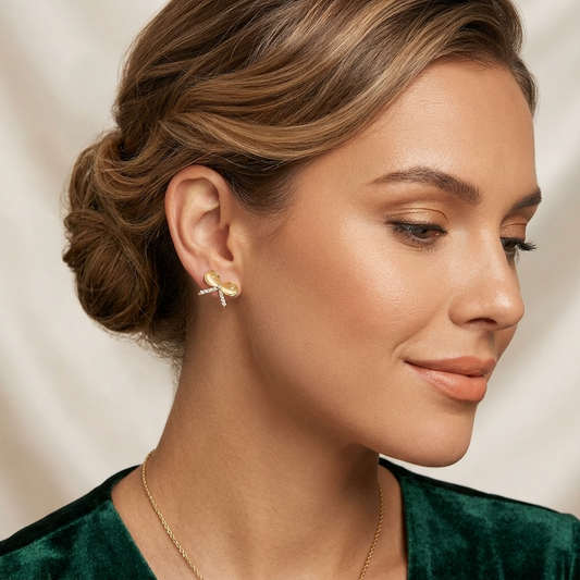 Gold Bow Crystal Stud Earrings – Elegant Minimal Designer Style