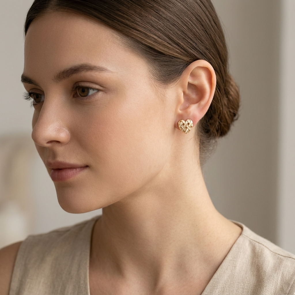 Gold Woven Heart Stud Earrings – Minimal Textured Design