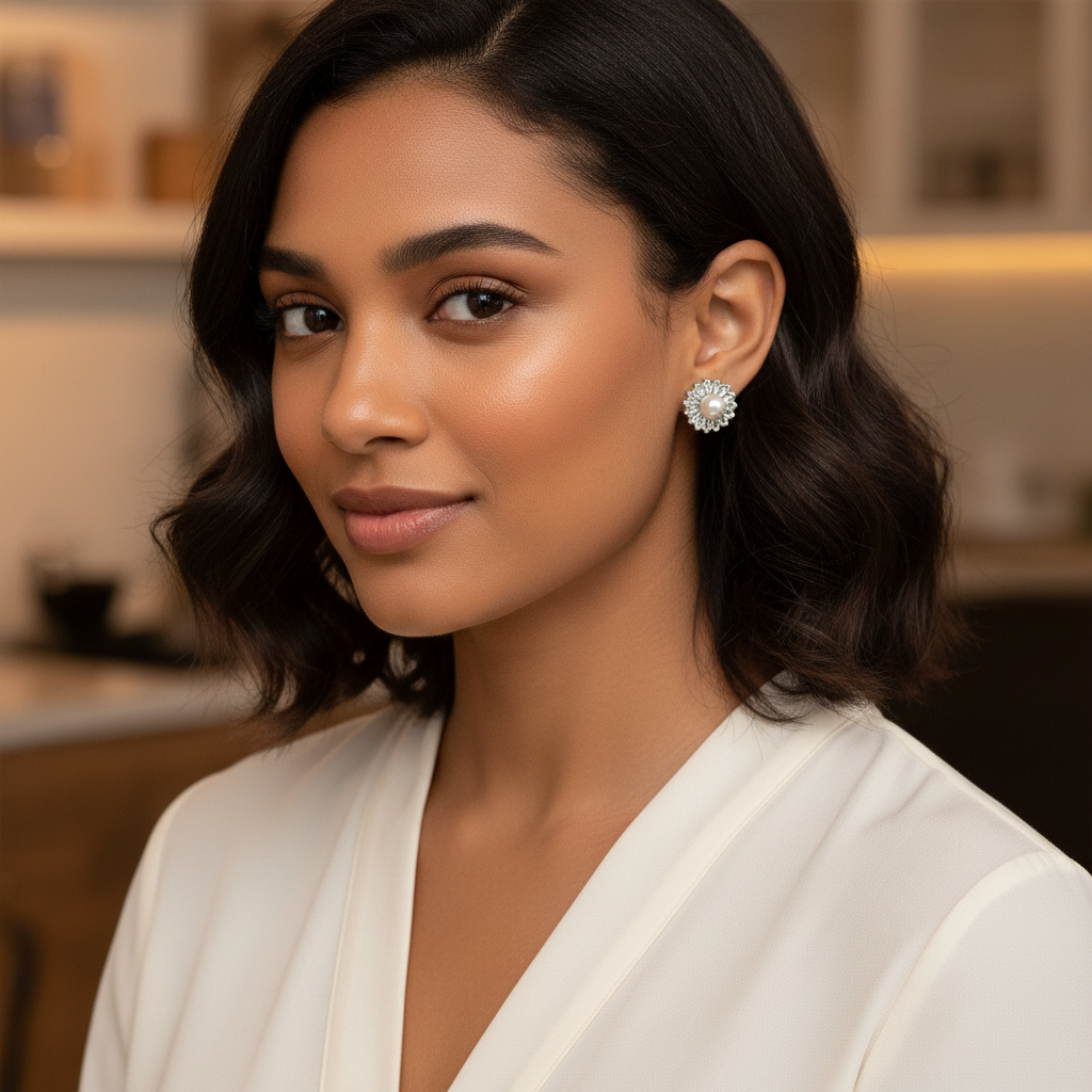 Classic Pearl and Crystal Stud Earrings – Elegant Silver-Tone Halo Design-Stainless steel