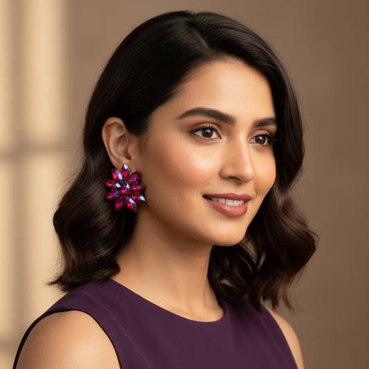 Ruby Pink Floral Crystal Statement Stud Earrings-Stainless steel