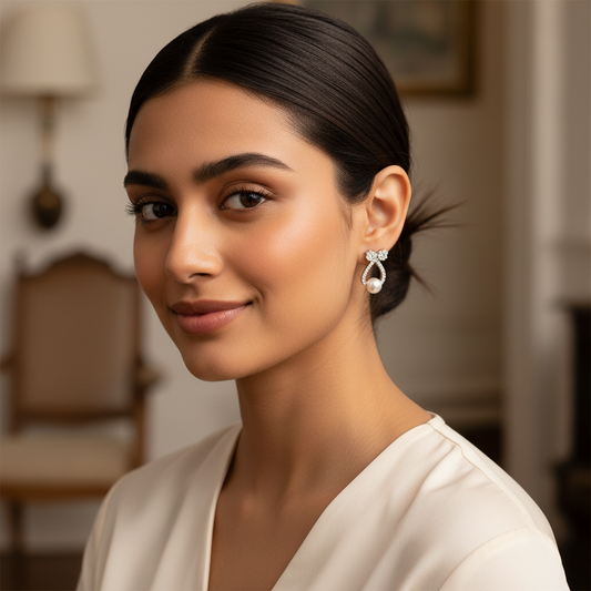 Silver Crystal Bow Pearl Earrings – Elegant Minimal Statement