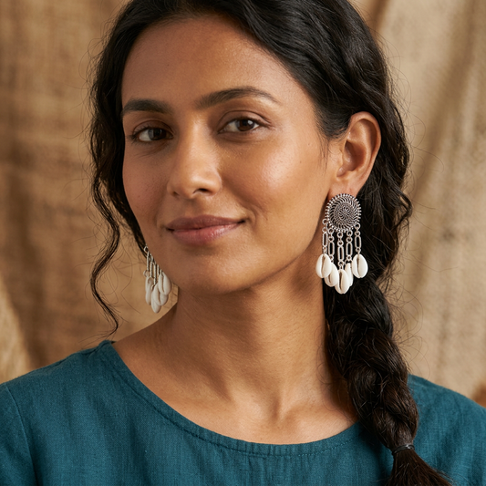Oxidised Silver Cowrie Shell Drop Earrings with Spiral Tribal Design
