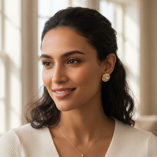 Gold Floral Pearl Stud Earrings – Elegant Rose Design- Stainless steel
