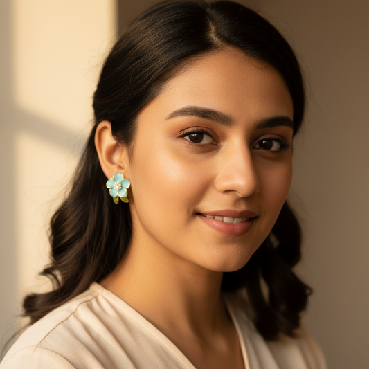 Blue Floral Stud Earrings – Gold-Tone Enamel Flower Design- Stainless steel